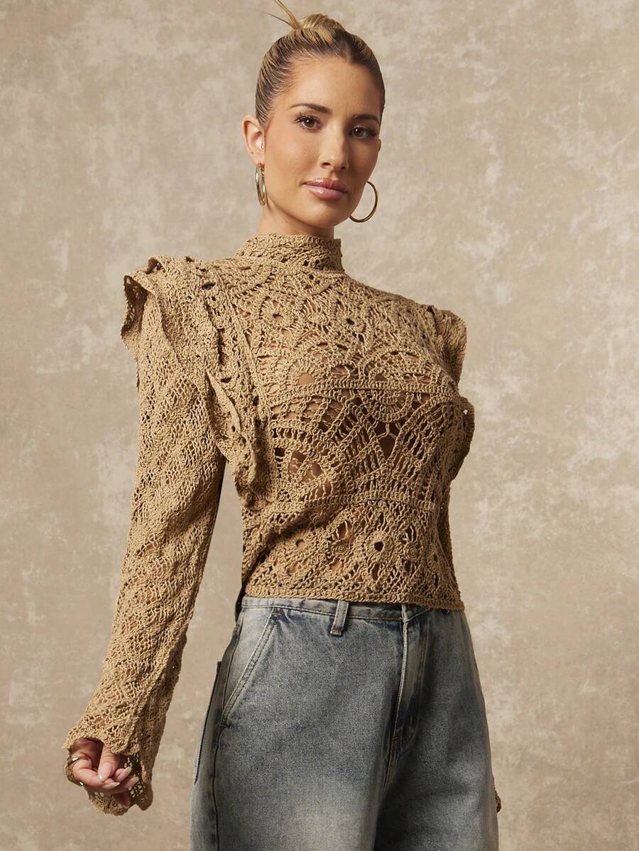 Lumalex Áo nữ cao cấp móc len thêu ren đặc biệt, tay áo cánh bướm, cài cúc sau, tay dài hai kiểu, phong cách sang trọng mùa mới, thời trang dệt kim Thu Đông, thanh lịch tiện dụng, áo dệt kim cao cấp, áo màu kaki, áo đi biển, áo thanh lịch, áo ren móc, bộ đồ nghỉ lễ. Thích hợp cho hẹn hò, đi chơi tối, dự tiệc, dạo phố, ăn trưa, đi chơi đêm với bạn bè, mặc thường ngày.