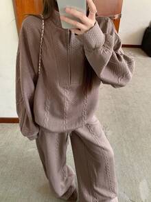 DAZY Women's Solid Color Minimalist Crew Neck Long Sleeve Top And Pants 2-Piece Set Lounge Sets For Women - Brown - View 4