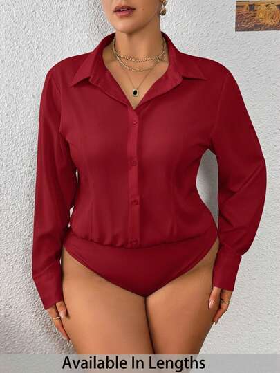 SHEIN PETITE CURVE Dam Plusstorlek Casual Business Enfärgad Långärmad Bodysuit, Mångsidig, För Höst, För Vinter