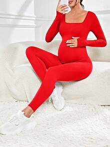 SHEIN Women's Casual, Stylish, Comfortable, Seamless Maternity Sports Jumpsuit - Red - View 6