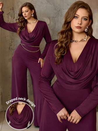 Roveilla Plus Size Women's Solid Color Knit Elastic Plunging Neck Cinched Waist Loose Straight Leg Jumpsuit, Long Sleeve, Burgundy, Elegant Vintage French Street Style Minimalist All-Match, Suitable For Autumn/Winter, Halloween, Christmas, Thanksgiving, Afternoon Tea Party, Formal Occasions Maternity Jumpsuits For Woman Maternity Two Piece Sets Maternity Clothes Two Piece Suits Elegant Maternity Dress Dress For Photoshoot Returns Process How Do I Return My Orde Jumpsuits For Woman Party Pant Su Long Slee
