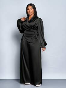 SOLERSUN 秋冬大码女装 初秋女装 杏色梭织亮面面料 日常休闲优雅通勤长袖裹身深V领褶裥不对称下摆修身衬衫上衣 系带打结阔腿裤套装 两件套 - 黑色 - 查看 2