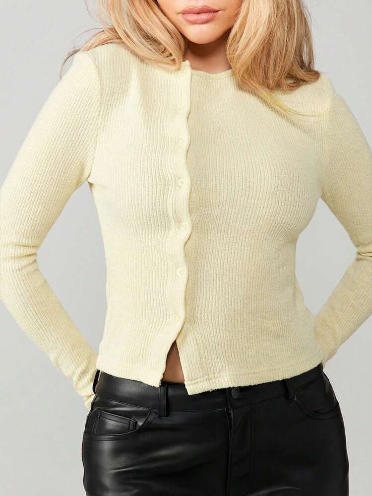 MISSGUIDED Ribbed Button Down Cardigan Long Sleeve Round Neck Knit Sweater Fall Winter Essential Layering Top