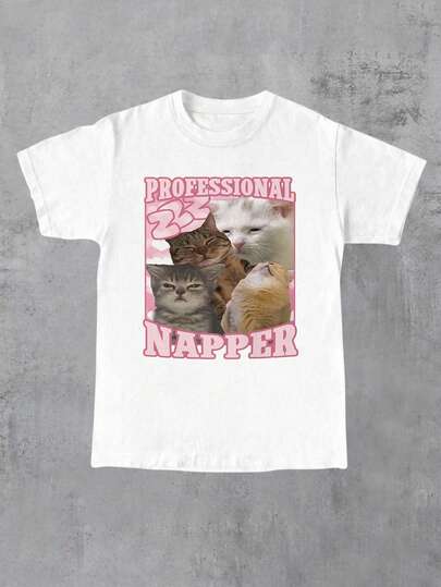 INAWLY Women Cat Print Loose Fit Short Sleeve Round Neck T-Shirt