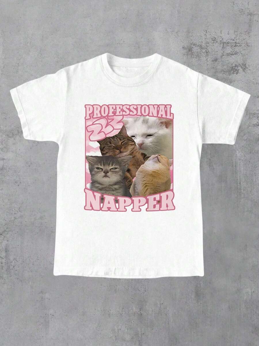 INAWLY Women Cat Print Loose Fit Short Sleeve Round Neck T-Shirt - White - View 1