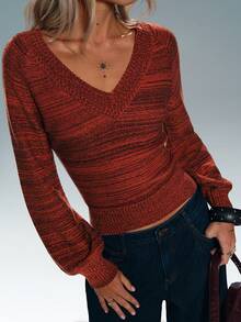 TRNVIE Women's V-Neck Fashionable Versatile Long Sleeve Sweater, Autumn/Winter - Brown - View 5