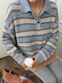 Dazy Plus Contrast Color Block Loose Casual Striped Half-Placket Polo Collar Street Style Plus Size Women Pullover Sweater, Autumn/Winter - Baby Blue - View 6