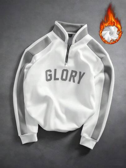 PAVTROS Men's Autumn/Winter Color Block Half-Zip Pullover Pullover Sweatshirt, Letter Print, Fashion Versatile, Suitable For Outdoor And Indoor Wear White Glory Sweatshirt Good Quality Sweatshirts Gym Sweatshirts Men Sweatshirts Men Half Zip Sweatshirt