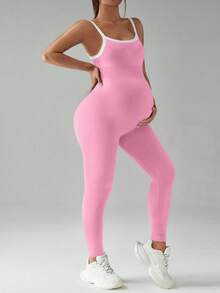 SHEIN 孕妇撞色露背运动连体裤 - 粉色 - 查看 6