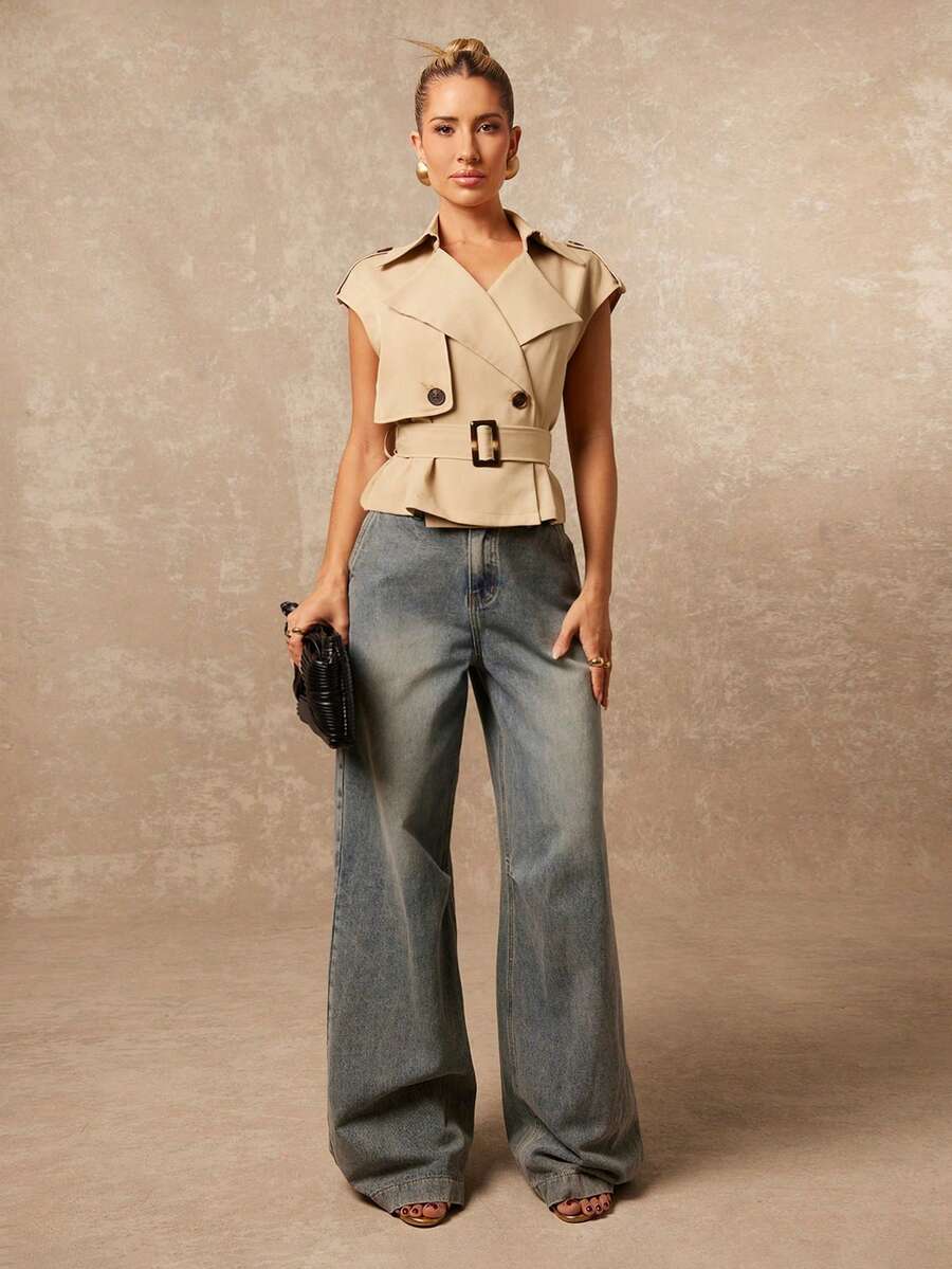 Lumalex New Autumn//Spring High-End Women's Casual Daily Commuting Khaki Stand-Up Collar Curved Shoulder Double-Breasted Design Waist Sleeveless Short Windbreaker, Vest Jacket, New Spring Women's Style, Spring/Summer Clothing, Daily Business Casual Wear, Casual Elegant Clothing