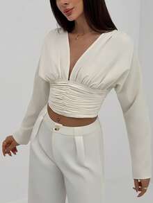 Aloruh Chemise simple à manches longues avec col en V plissé, manches chauve-souris et couleur unie, pour le trajet quotidien - Beige - Voir 4