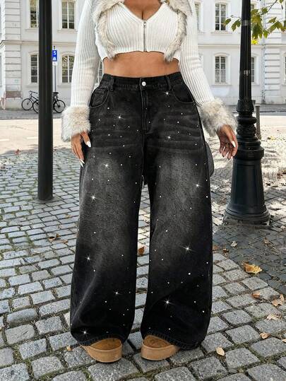 Dripcurv 大码女式黑色复古水洗休闲宽松直筒牛仔裤，镶钻黑色牛仔裤，新年服装，圣诞节。