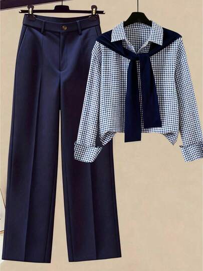 Franclia 女士条纹披肩领衬衫和高腰阔腿裤两件套，春秋季