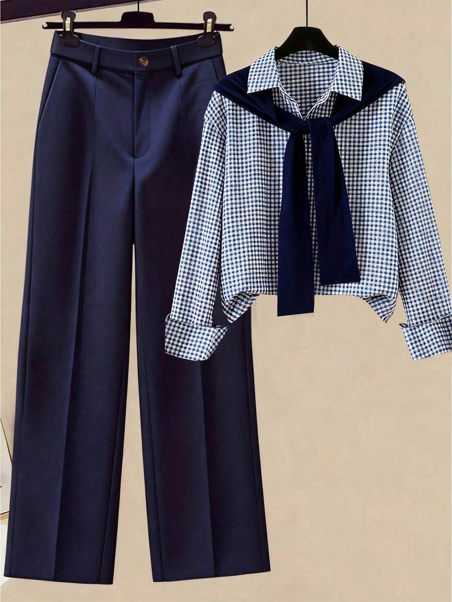 Franclia 女士条纹披肩领衬衫和高腰阔腿裤两件套，春秋季 - 彩色 - 查看 1