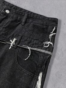 Manfinity Denimwave Quần Jeans Denim Đen Thêu Rách Vá Thời Trang Đường Phố Thường Ngày Cho Nam - màu đen - Xem 6