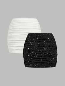 SHEIN EZwear 2pcs Plus Size Black Holiday Casual Skirt Set - Black and White - View 2