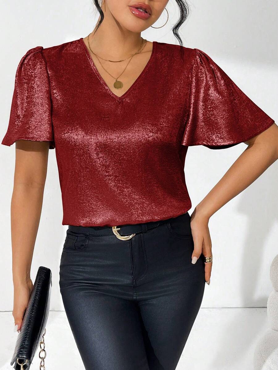 Rafferiza Metallic V-Neck Blouse For New Year Holiday Party Clothes - Red - View 1