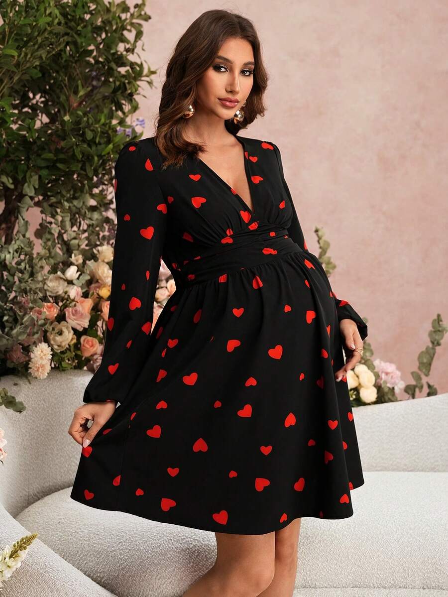 SHEIN Maternity Clothes Maternity  Dress Spring And Summer Pregnant Clothes Black Dress Lace V-Neck  Elegant Party Valentine's Day - Red and Black - View 1