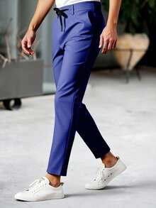Manfinity Mode Pantalones de traje casuales de hombre con cintura con cordón, ajuste delgado, unicolor, adecuados para el trabajo y el transporte - Azul - Ver 3