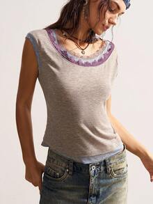 Bohemela Áo thun dệt kim tay ngắn cổ tròn phối ren tương phản phong cách Boho thoáng khí dành cho nữ, thích hợp cho kỳ nghỉ, đi xem hòa nhạc, đi học, mùa hè/thu/đông. - Nhiều màu - Xem 6