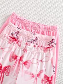 Conjunto de 6 piezas de pijama para niñas, top de manga larga con estampado de moño minimalista y moño 3D, y pantalones, conjunto de ropa de dormir - Multicolor - Ver 6