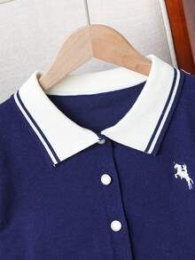 Sparklyn Teen GirlSweater Set, Long Sleeve Cardigan With Collar And Striped Mini Skirt, Black & White, Suitable For Spring, Autumn, Autumn/Winter Navy Blue Uniform School Outfit Pleated Skirt Set Girl School Uniform School Uniform Dress Navy Blue School Uniform Girl Preppy Uniform Pleated School Uniform Girl Preppy School Dress Girl School Outfit - Royal Blue - View 3