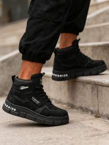 Moda Hombre Suela Gruesa Casual Sneakers,Tenis con cordones transpirables de punta redonda,Botas de montaña para hombre,Calzado de trabajo antideslizante de caña baja con diseño de monograma,senderismo zapatos casuales para,Botas de color sólido,Zapatos de reparación resistentes al aceite,Zapatos laborales resistentes a manchas y suciedad,apatos deportivos versátiles y multiusos adecuados para el trabajo, uso diario, viajes y construcción - Negro - Ver 4