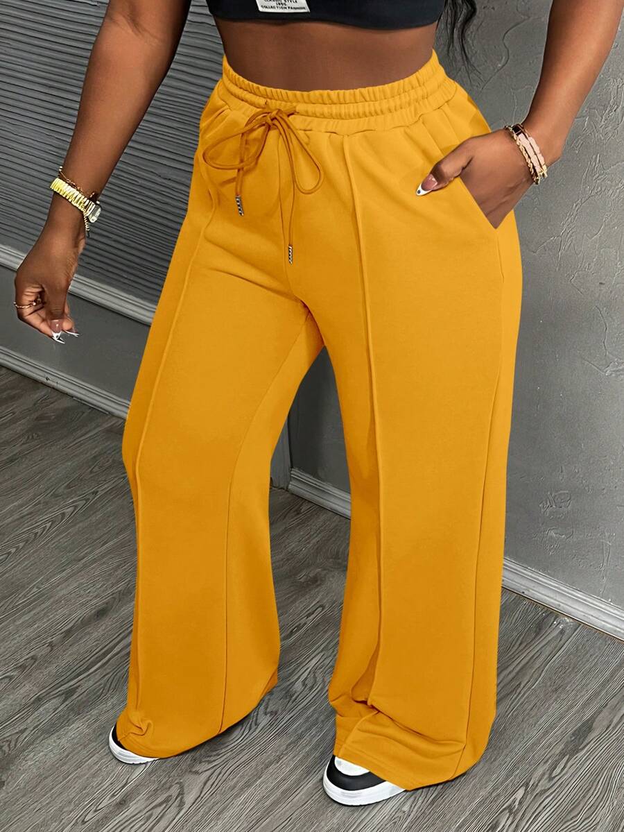 Slaydiva Women's Solid Color Pocket Drawstring Waist Casual Loose Sweatpants - Mustard Yellow - View 1