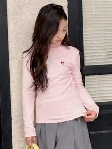 DAZY Girls Crew Neck Knit Thermal Lined Bow Print T-Shirt, Autumn - Pink - View 1