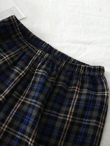 Tween Boys Pajamas-2 Pieces Pajama Set Plaid Navy Blue Green Classic Notched Collar Button Front Long Sleeve Top Chest Pocket White Piping Long Pants Elastic Waist Cozy Bedroom Lounge All Season 2026 Holiday Essential