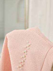 少女优雅时尚圆领插肩袖短款修身粗花呢面料外套，饰有3D珍珠装饰设计，搭配高腰宽松阔腿裤套装，粉色 - 粉色 - 查看 8