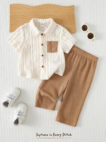 Cozy Pixies 2 Stücke Baby Jungen Set aus einfarbiger Polokragen Kurzarm Strickjacke und Shorts mit Gummibund - Aprikosenfarben - Übersicht 6