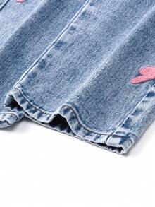 SHEIN Playful Pals 年轻女孩百搭时尚破洞阔腿蓝色牛仔裤，90年代风格 - 藍色 - 查看 5