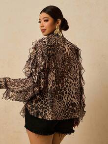 Travachic 大码女式雪纺豹纹长袖衬衫，豹纹荷叶边下摆衬衫，动物纹上衣，猎豹纹衬衫，不对称衬衫，冬季女装，沙滩装，度假装，休闲装，派对上衣，优雅 - 卡其色 - 查看 2