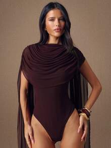 SHEIN BAE Burgundy Round Neck Ribbon Fitted Bodysuit For Women, Suitable For Graduation Party, Formal Occasions, Cocktail Party, Romantic Date, Autumn/Winter Base Layer, Party, Nightclub, Formal Gathering, Going Out At Night, - Burgundy - View 2