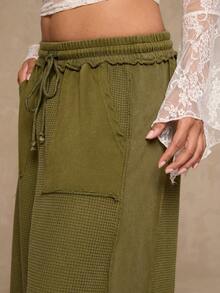 SHEIN VCAY Plus Size Women's Contrast Color Drawstring Waist Pockets Wide Leg Loose Casual Pants - Army Green - View 8