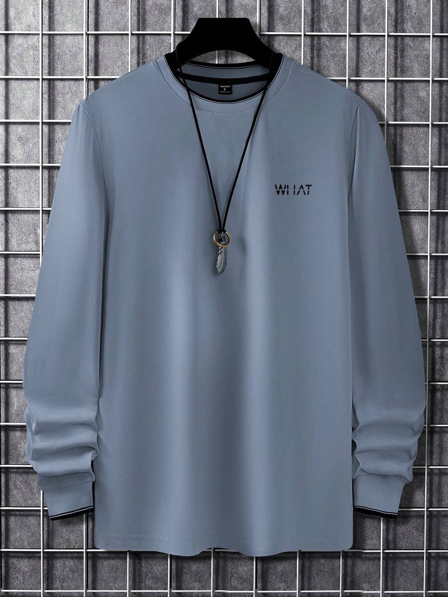 Manfinity Homme Áo thun dài tay nam màu xanh nhạt dáng casual, in chữ, chất liệu gân, cổ tròn. - Màu xanh bụi bặm - Xem 1