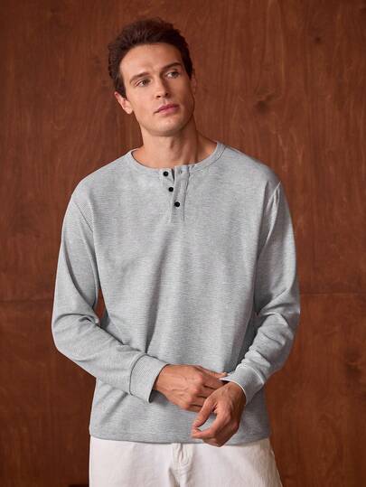 Officeau 男士亨利领华夫格针织上衣，舒适休闲，亨利领设计，易于穿搭，纽扣细节，适合日常外出，复古风格，秋季必备