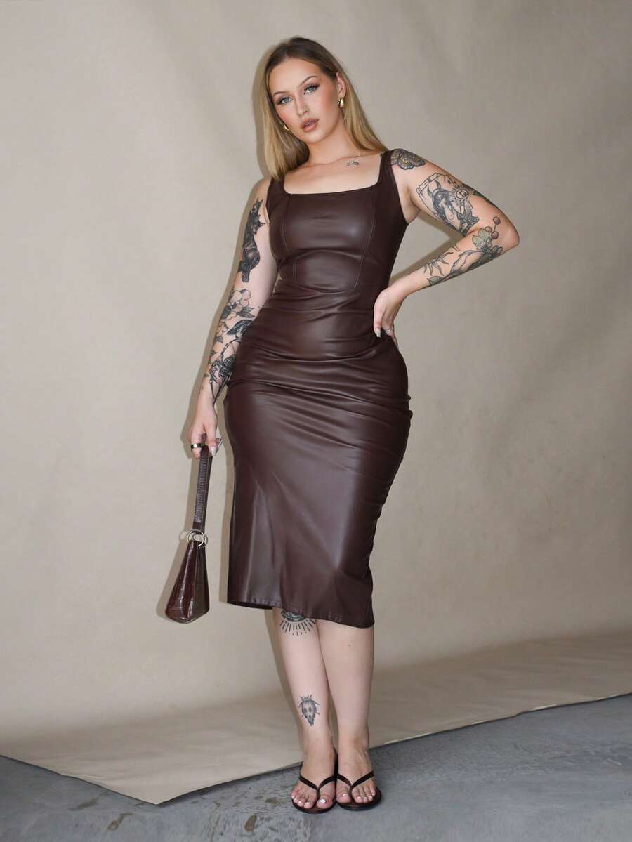 Arliah Robe en PU marron pour femme, robe de cocktail d'anniversaire, robe élégante d'hiver et d'automne pour soirée, robe de cérémonie, robe de soirée chic pour mariage, tenue de sortie - Tabac - Voir 1
