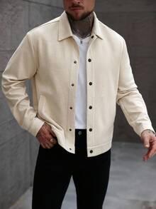 Manfinity Homme Giacca casual a maniche lunghe con bottoni sul davanti, tinta unita, colore crema, taglie comode per uomo - Albicocca - Visualizzare 6