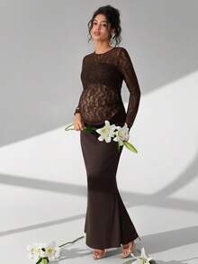 Cheriluna Maternity Solid Color Lace Long Sleeve Long Ruffle Mermaid Hem Maternity Photography Dress - Brown - View 5