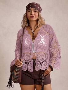 Freevana Áo khoác len cardigan tay dài khoét lỗ cổ chữ V buộc nơ phía trước cỡ lớn - Màu đỏ tím - Xem 5