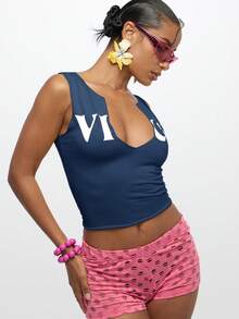 SUMWON WOMEN Notch Neck Tank Top With Text Print For Summer Casual Everyday Wear - Navy Blue - View 7