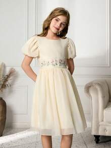Tween Girls' Elegant Elegant Soft Apricot Puff Sleeve Round Neck Waist Cute Embroidered Floral Belt Decor Fluffy Dress - Apricot - View 6