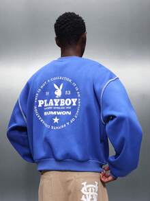 PLAYBOY X SUMWON Men's Crew Neck Pullover Sweatshirt With Contrast Stitching And Graphic Print For Casual Fall Winter Style - Blue - View 6