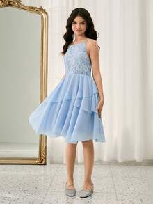 Mädchen Jugendliche Einfarbiges Kleid mit Spaghettiträgern und Rüschensaum, elegant - Babyblau - Übersicht 3