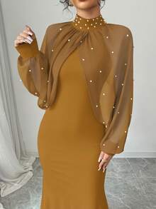 Elenzga Robe sirène avec col perlé élégant, tenue maxi femme pour l'automne - Orange - Voir 3