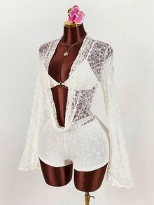 Amplova 女士深V领喇叭袖性感连体衣套装（含文胸） - 杏色 - 查看 3