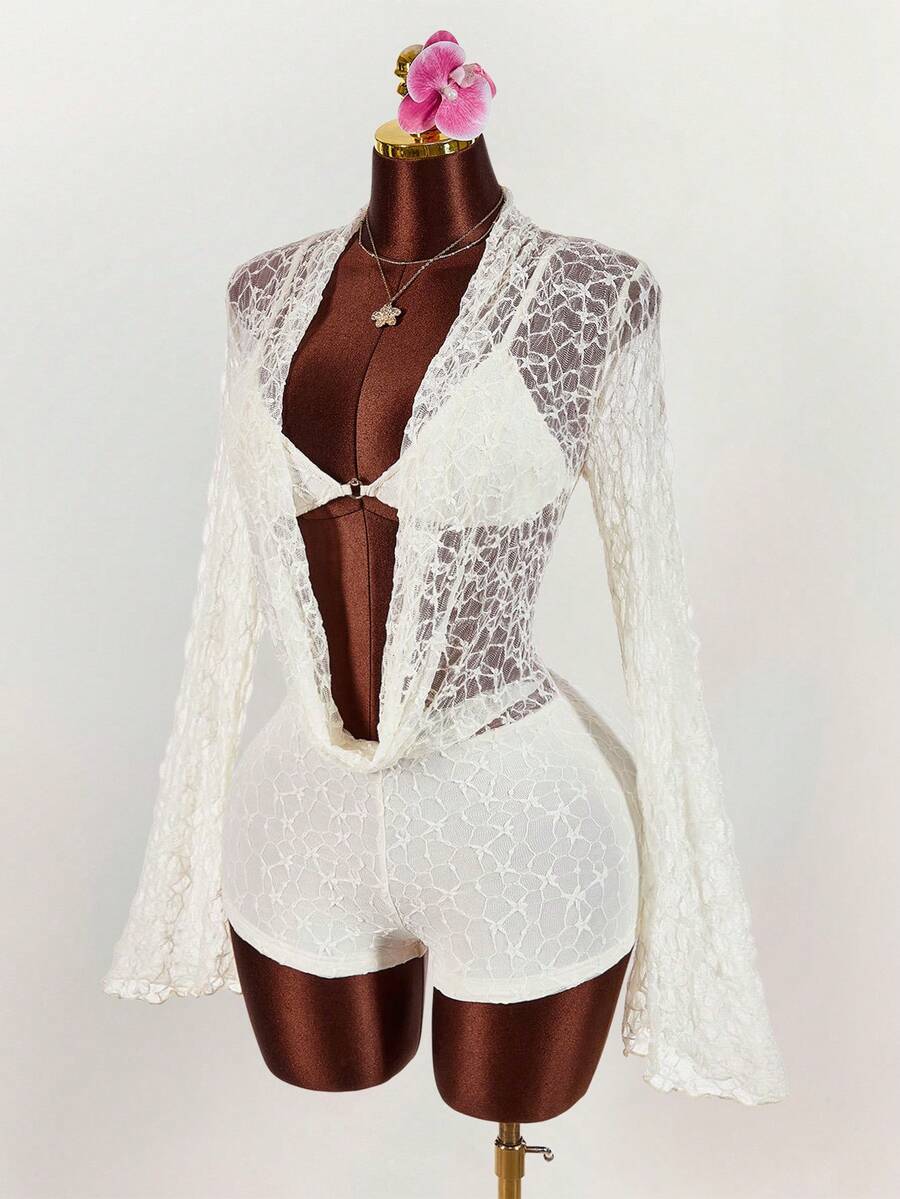 Amplova 女士深V领喇叭袖性感连体衣套装（含文胸） - 杏色 - 查看 1