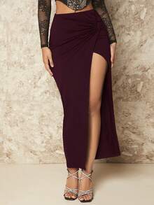 SHEIN BAE 女士性感度假极简纯色扭结下摆高开衩半身裙 - 紫紅色 - 查看 4